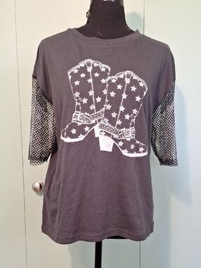 Social Scene Cowboy Boot Western Rhinestone Short Sleeve Shirt Top Size Xs
